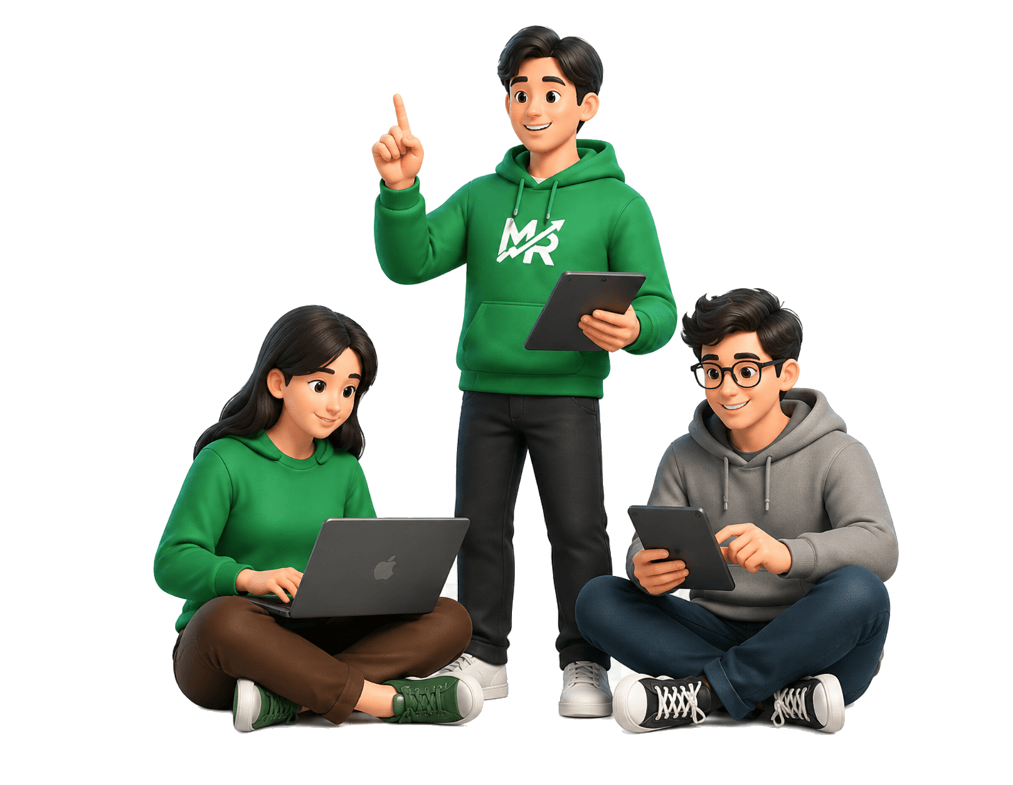 Três estudantes usando notebook e tablet